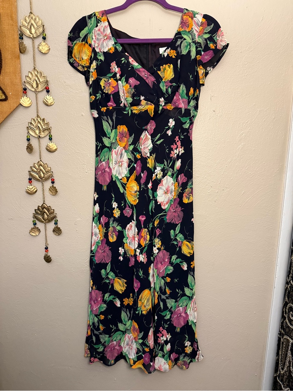 Vintage Mica Floral Empire Waist Navy Multicolor Midi Dress Size 4 Made in USA